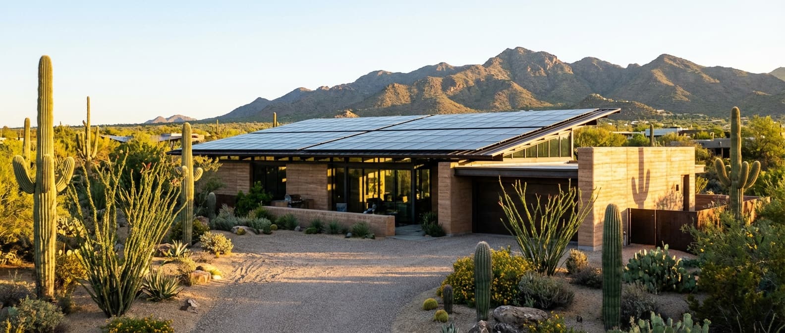 A desert home in the Arizona East Valley with a rooftop solar array.